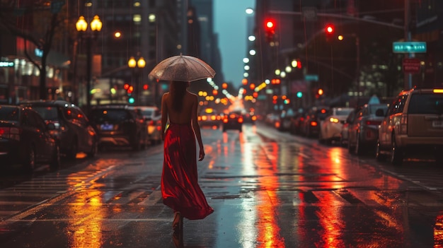 Woman Walking Down a Street Holding an Umbrella