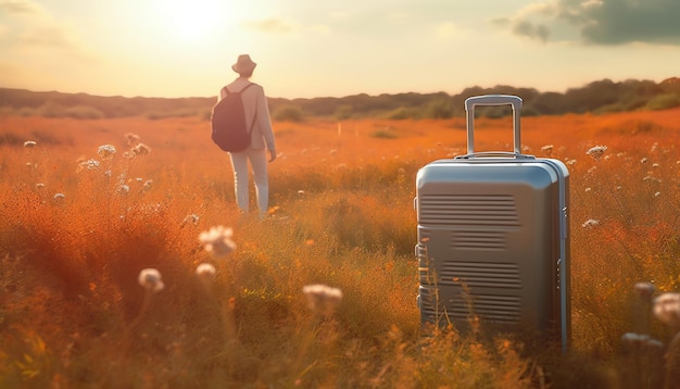 A woman walking in a field with a suitcase in front of her