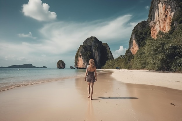 Photo woman walking on railay beach krabi in thailand