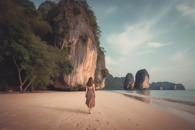 Photo woman walking on railay beach krabi in thailand