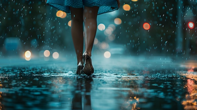 Woman walking in the rain at night