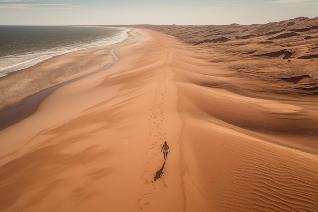 Woman walking on sand dunes of a beach alone