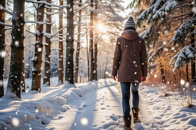 a woman walking in the snow with a jacket on