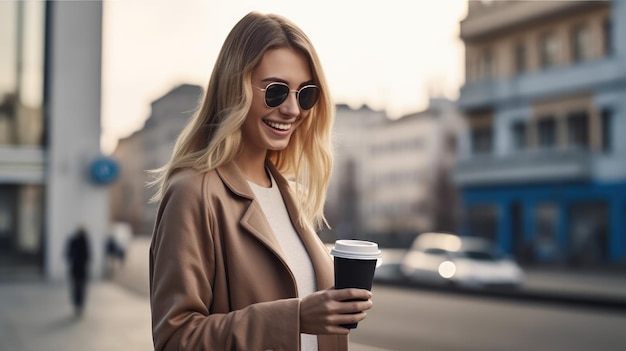 A woman walking on the street holding a coffee cup and smiling.