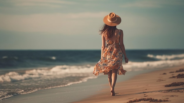 Woman walking on sunny beach sea AI generated