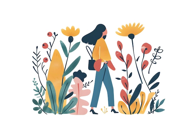 Photo woman walking through flower garden illustration