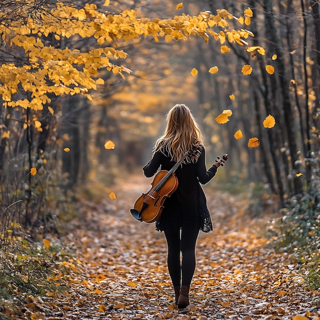 Photo woman walking through a forest path with a violin in the autumn