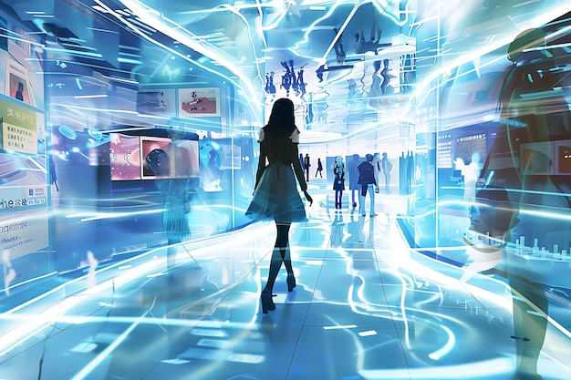 Woman walking through a futuristic digital corridor with glowing light streaks