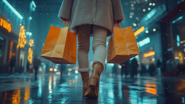 Woman Walking Through Night City With Shopping Bags