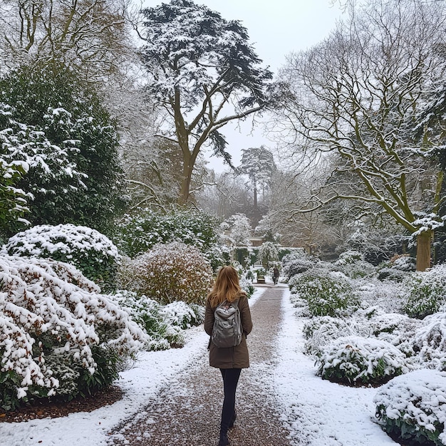 Photo woman walking through snowy garden path