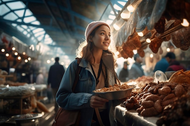 an woman walking through a street market filled with delicious fruits and products