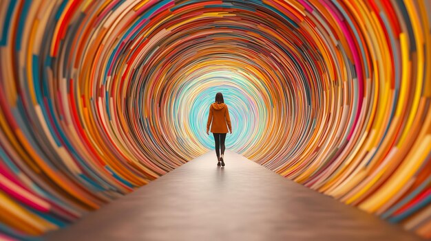 Photo woman walking through a vibrant colorful tunnel