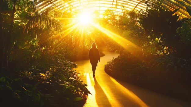 Photo woman walking towards sunlight in a greenhouse