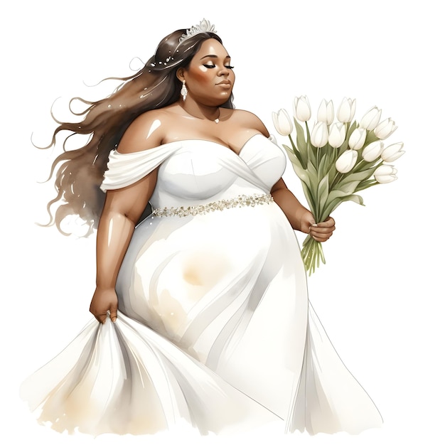 Woman walking in a wedding dress with a bouquet of white tulips