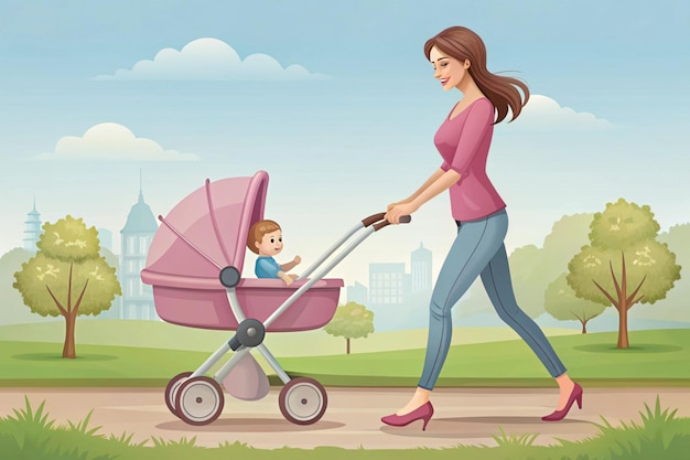 Photo woman walking with child in pink pram on a stroll