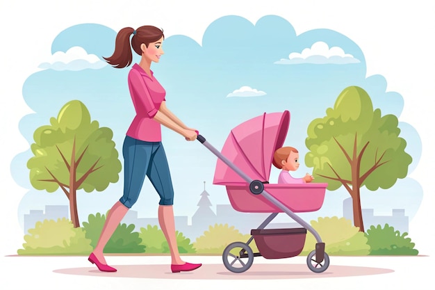 Photo woman walking with child in pink pram on a stroll