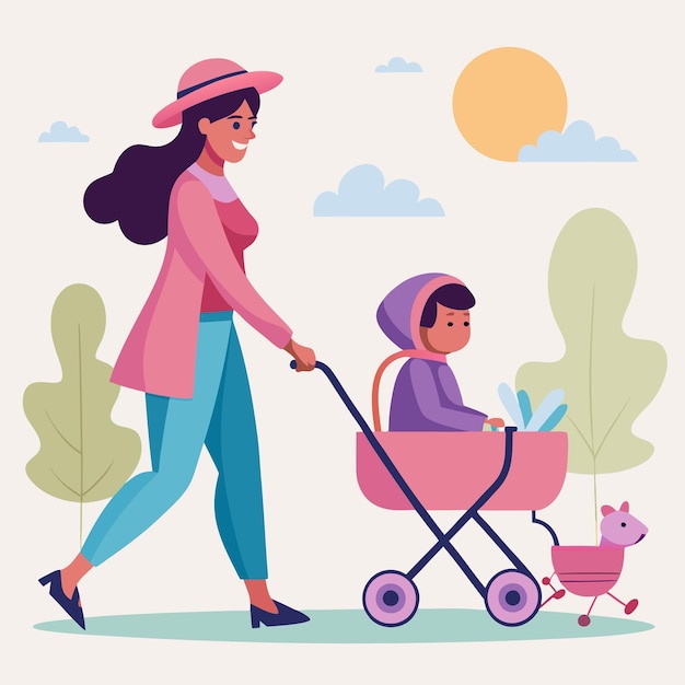 Woman walking with her child in a pink pram for a stroll