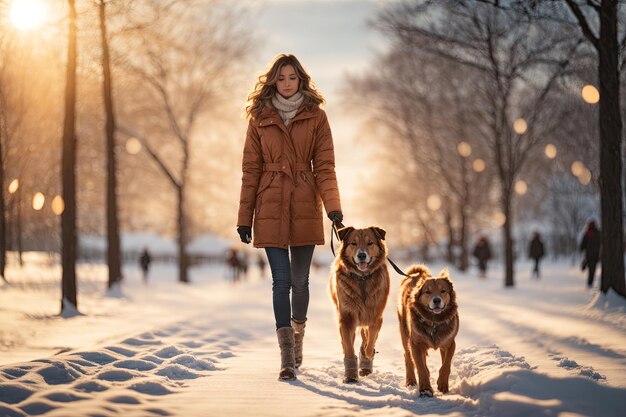 woman walking with her dogs in snow park ai generative