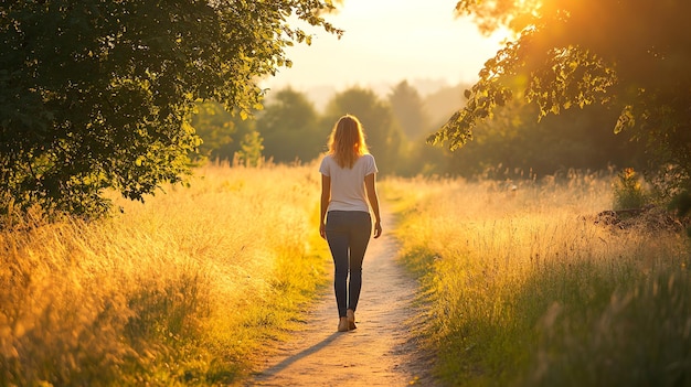 A woman walks barefoot on a path in a golden field at sunset