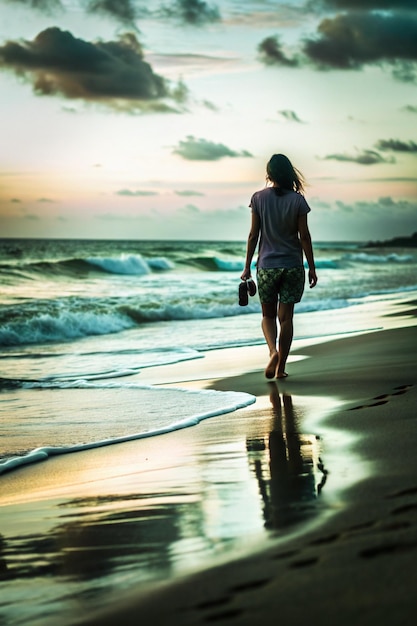 a woman walks on the beach in front of the ocean