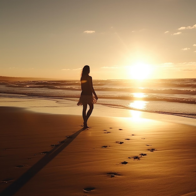 A woman walks on the beach at sunset with the sun setting behind her.