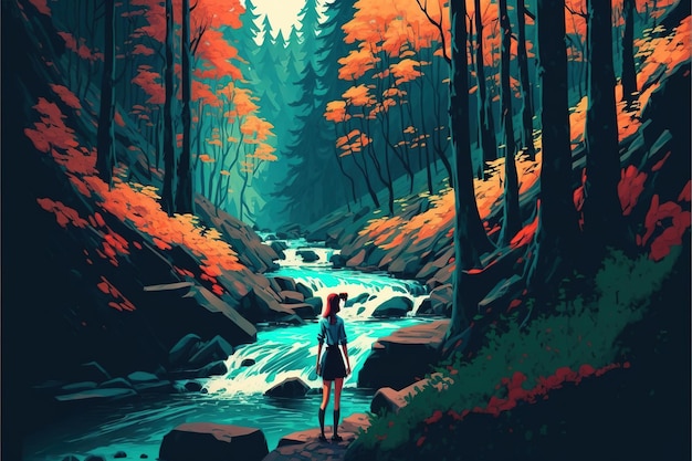 Woman walks on a branch on a stream and looks at the monoliths in the forest digital art style illustration painting fantasy concept of a woman in the forest