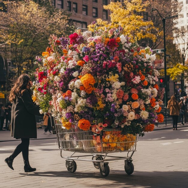 Photo a woman walks by shopping cart full of colorful flowers