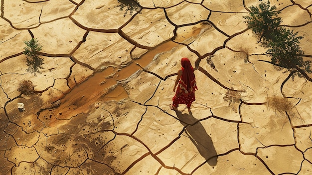 Photo a woman walks on a cracked cracked surface with a picture of a woman in a red dress