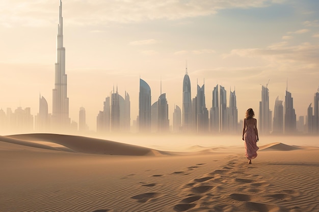 A woman walks in the desert with the city behind her