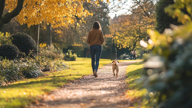 Photo woman walks a dog on a path through an autumn park