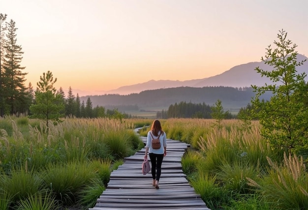 Photo a woman walks down a path in a field of grass