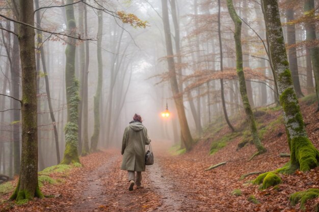 Photo a woman walks down a path in the fog