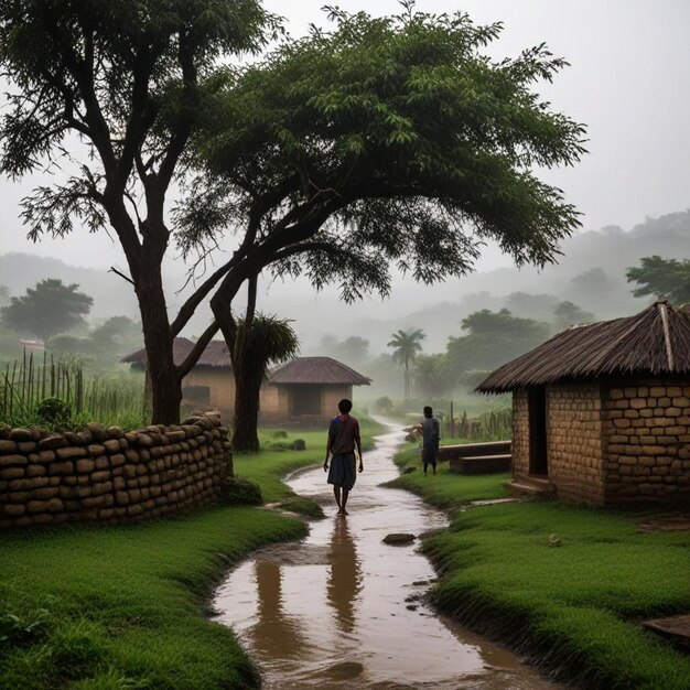 a woman walks down a path in a rain forest