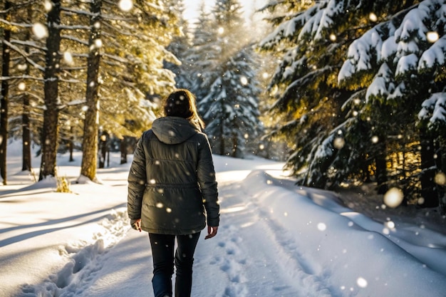 a woman walks down a path in the snow