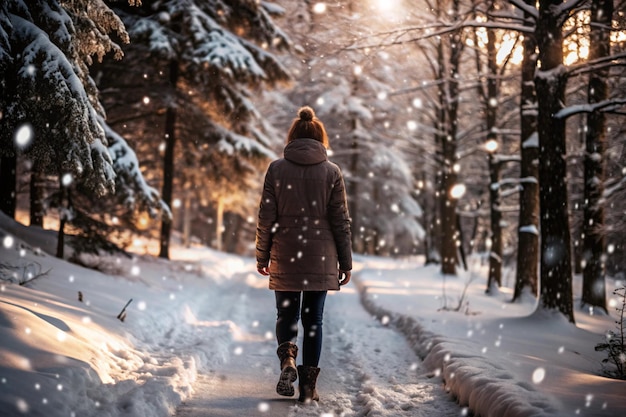 a woman walks down a path in the snow