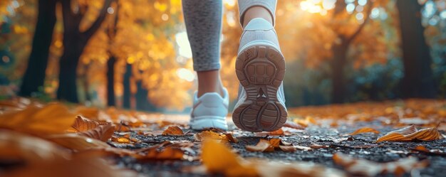 Photo a woman walks down a path with autumn leaves