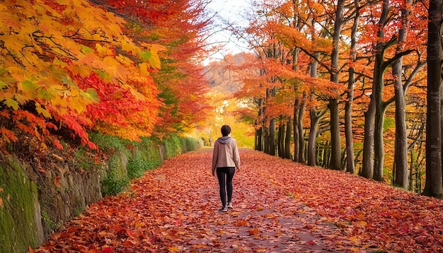 a woman walks down a path with leaves on the ground