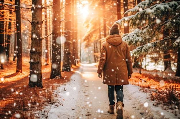 a woman walks down a path in the woods with snow falling