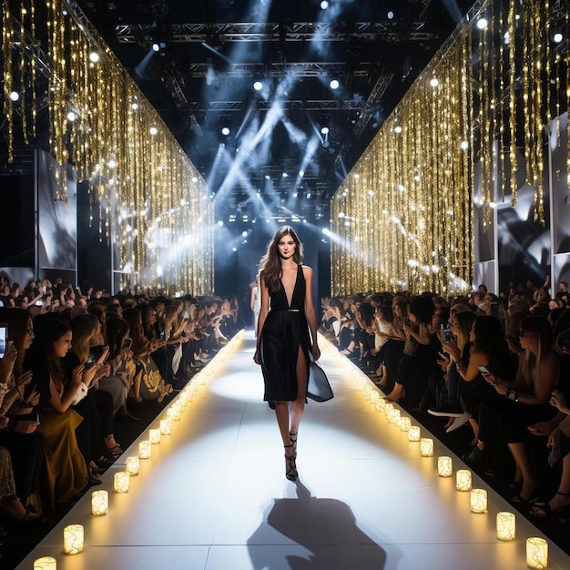 Photo a woman walks down a runway wearing a dress with lights around her.