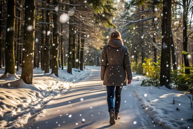 Photo a woman walks down a snowy path in the woods