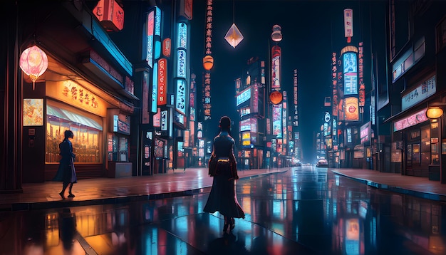 A woman walks down a street in a city at night.