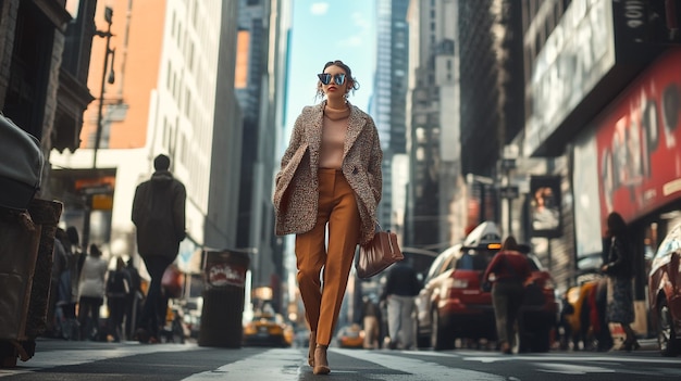 a woman walks down a street wearing a coat with a hat on