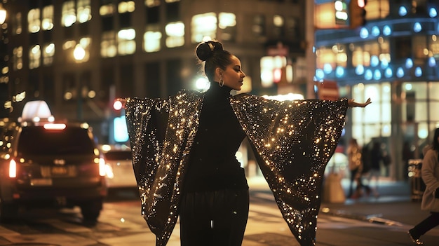 Photo a woman walks down the street with a scarf that says fashion