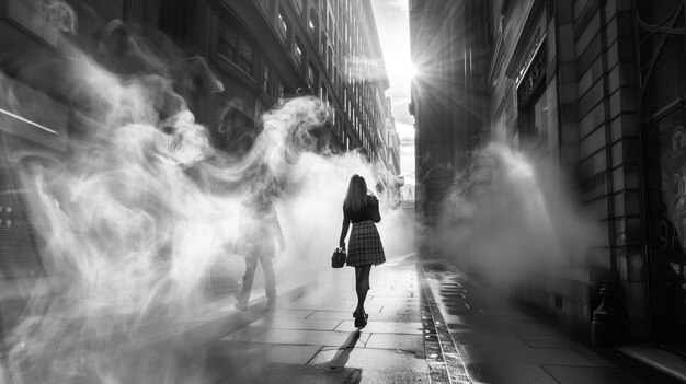 Photo a woman walks down a street with smoke coming out of her hand