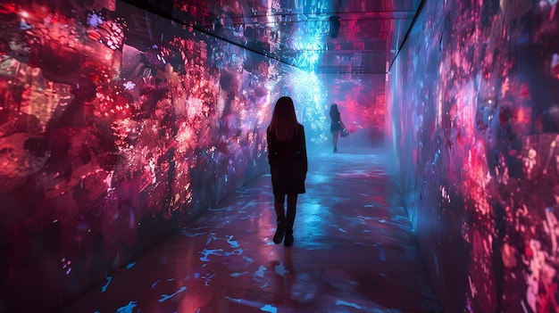 a woman walks down a tunnel with a blue and red light on the wall