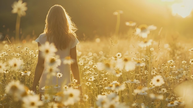 a woman walks in a field of flowers with the sun behind her