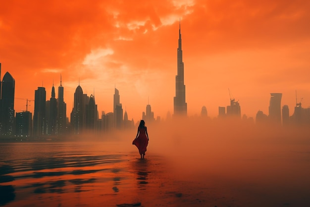 A woman walks in the fog with the city skyline in the background.