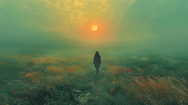 a woman walks in the fog with the sun behind her