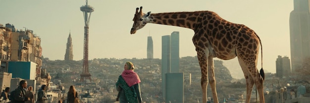 Photo a woman walks next to a giraffe with a man in a red scarf and a woman in a green coat