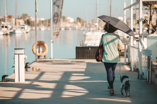 Photo a woman walks her dog by the sea